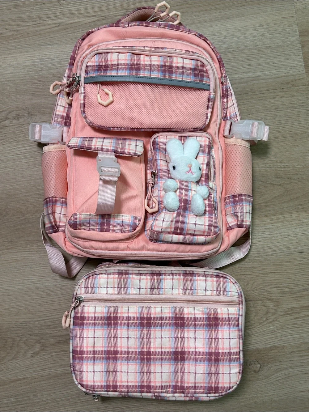 Kids Plaid School Backpack with Bunny Charm-Girls Bunny Backpack with lunchbox